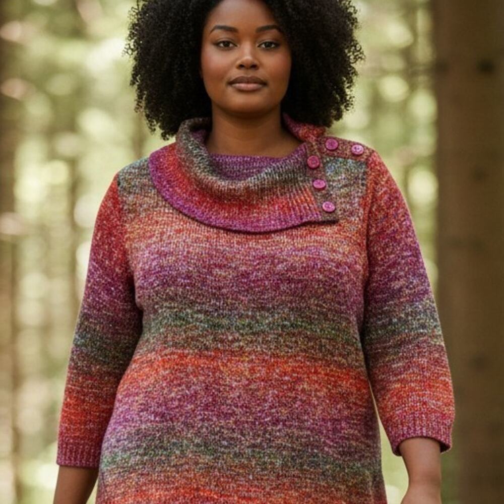 Dressbarn Sweater Womens 3X Pink Multi Cowl Neck Knit Tunic Career Casual Boho